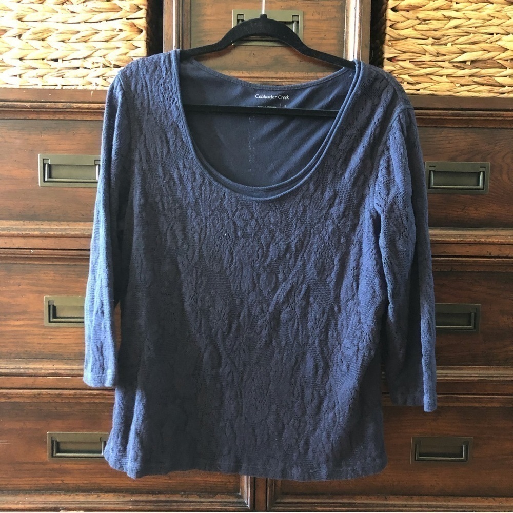 Coldwater Creek Navy cotton blend lace overlay top in size L